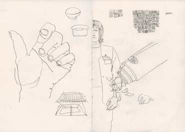 Sketchbook A4-02, 01. Line drawings, pencil (my hand, web woman and objects).