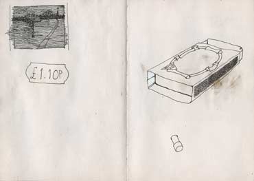 Sketchbook A5-05, 16. Line drawings (landscape with price tag, matchbox and tip of a pen).