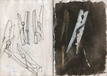Sketchbook A5-05, 23. Line drawings, graphite, acrylic and collage (pegs).