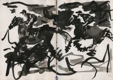 Sketchbook A5-05, 32. Ink drawing (running horses and riders).